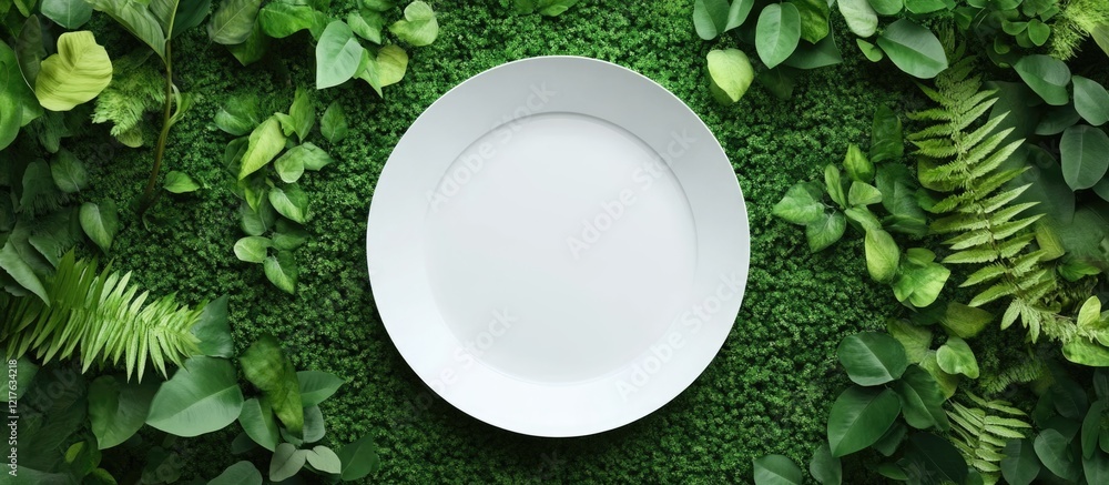 Aufkleber white empty plate on green foliage background with copy space for text placement