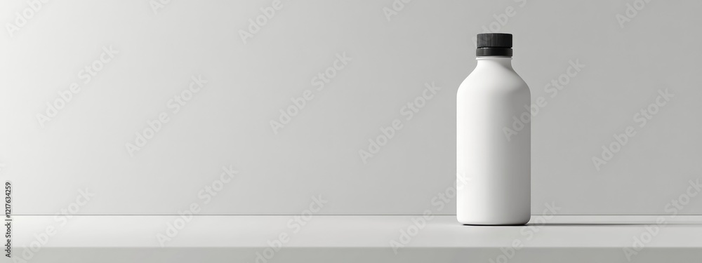 Aufkleber minimalist composition of a white bottle with black cap against a light gray background with ample c