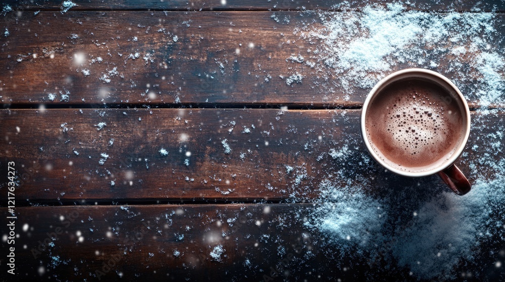 Poster hot chocolate in a red mug on a rustic wooden table surrounded by snowflakes and powdered sugar with