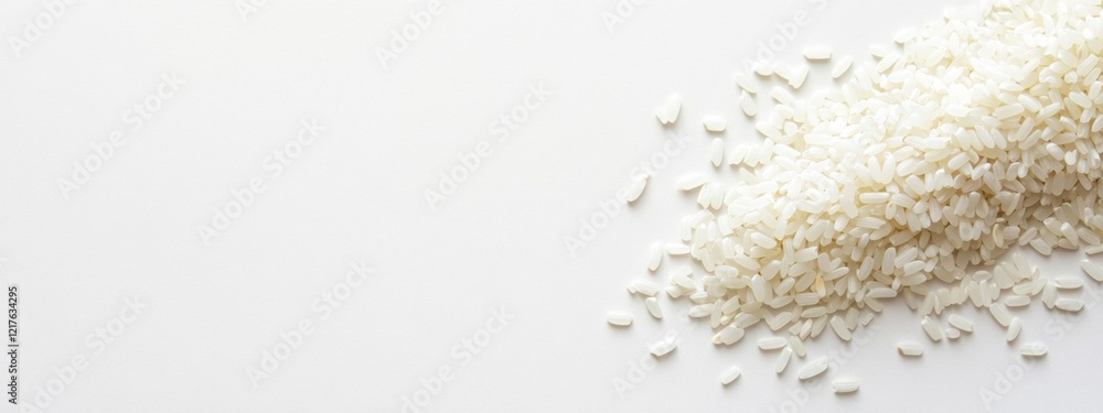 Poster close-up of uncooked white rice grains on a clean surface with copy space for text placement