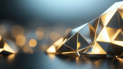 Golden metallic triangular pattern surface with light reflections. Abstract background for beauty and and technology concept. With copy space. 