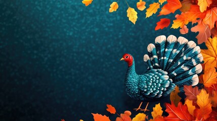 Obraz premium Colorful turkey illustration surrounded by autumn leaves on a dark background with copy space for text.