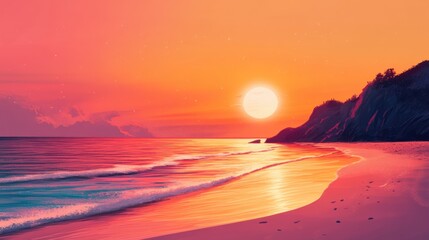 Colorful sunset over a tranquil beach with gentle waves, soft clouds, and hills in the background, Copy Space.