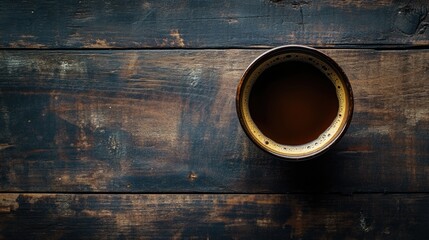 Brown ceramic cup with dark beverage on rustic wooden table with copy space for text inclusion
