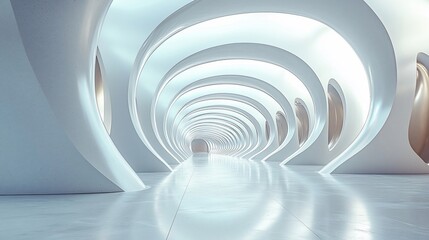 Obraz premium Abstract futuristic white tunnel with glowing arches and reflective floor.