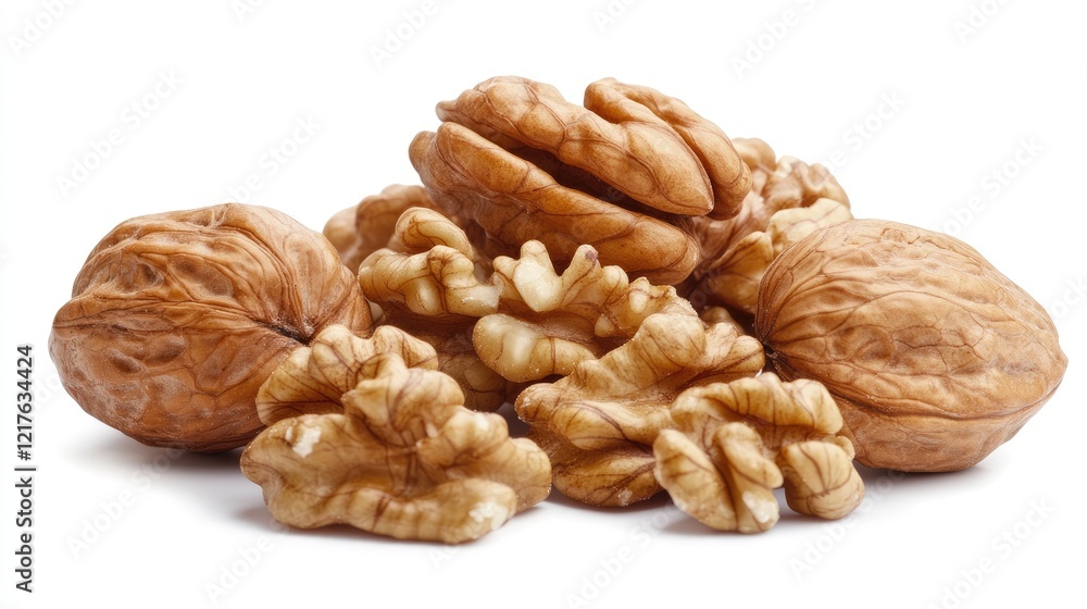Poster walnuts in various stages of shelling on a white background with copy space for text placement