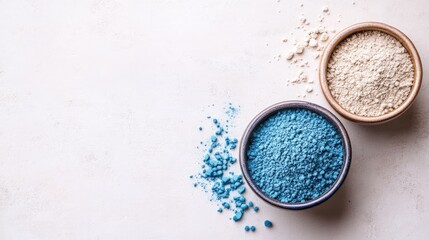 Blue and white color powders in bowls on light background with Copy Space - obrazy, fototapety, plakaty