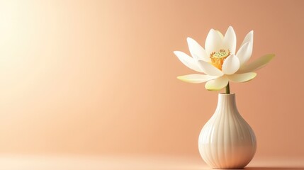 White lotus flower in a modern vase on soft beige background with copy space for text overlay