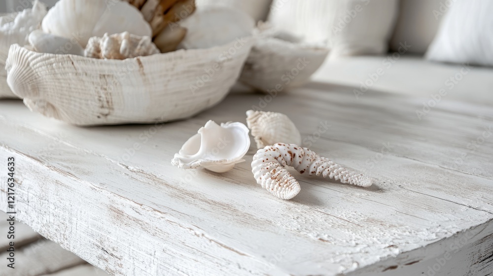 Poster white wooden table with seashells and decorative bowls on a neutral background with copy space for t