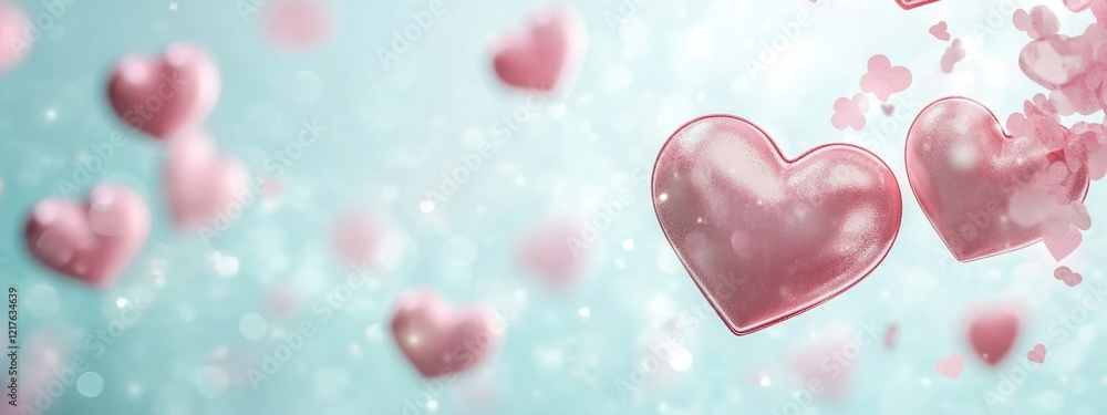 Poster pink heart shapes floating in a soft blue background with bokeh effect and copy space for text
