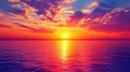 Obraz premium Vibrant sunset over calm ocean waters with colorful clouds creating a dramatic skyline and reflection on the water Copy Space