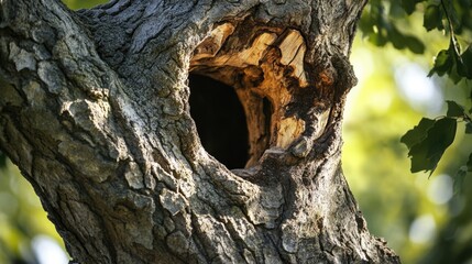 Close-up of hollowed tree trunk with detailed bark texture and blurred green background, natural sunlight, Copy Space available.