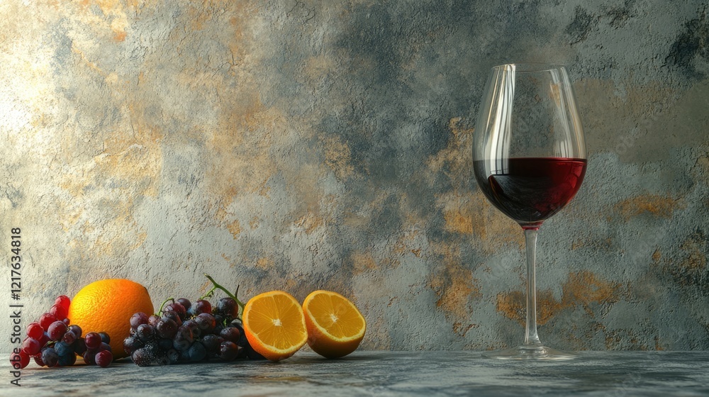 Poster red wine glass with fresh grapes and sliced oranges on textured background with copy space