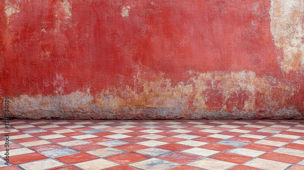 Aufkleber textured red wall with weathered paint and tiled floor featuring a checkerboard pattern, ideal for b