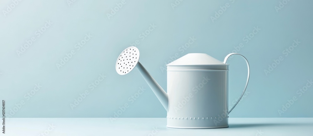 Poster white watering can on a minimalist background with soft lighting and copy space for text placement