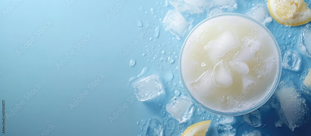 Poster refreshing lemonade cocktail with ice cubes and lemon slices on a blue background with copy space
