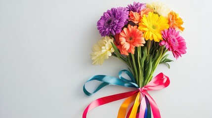 Obraz premium Colorful bouquet of gerbera daisies tied with ribbons on a light background with Copy Space for text