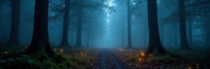 Fototapeta premium Forest floor twinkling lights under foggy sky, forest ambiance, misty landscape, twinkling lights