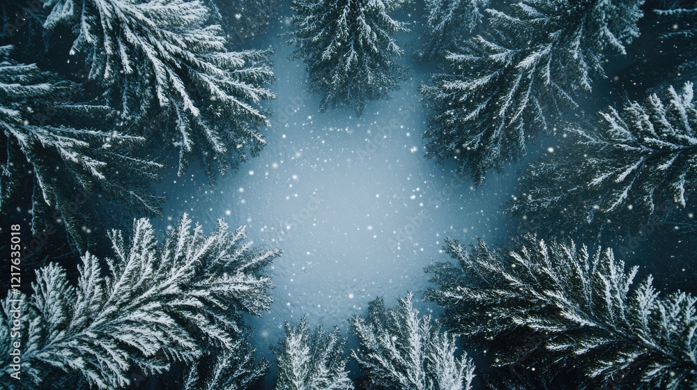 Poster aerial view of snow-covered evergreen trees in a forest with copy space for text in the center area.