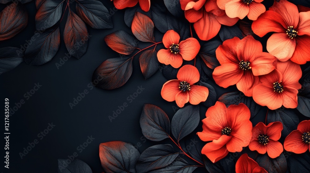 Poster red flowers and dark leaves on black background with copy space for text or design elements