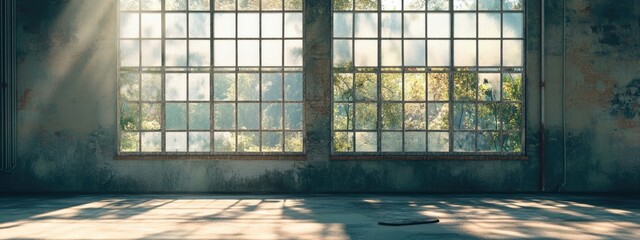 Abandoned industrial space with large windows allowing sunlight to filter through, showcasing a...