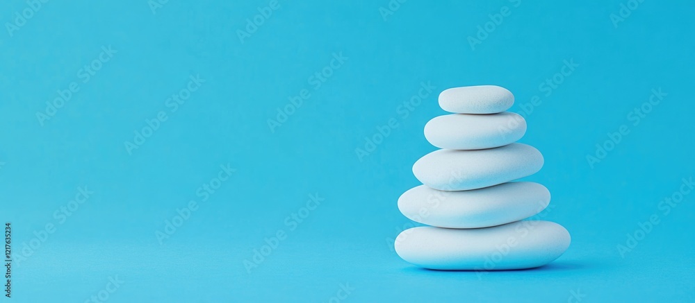 Poster white smooth stones stacked on top of each other on a bright blue background with ample copy space f