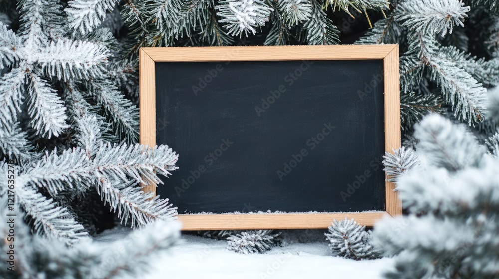 Poster chalkboard frame surrounded by snowy pine branches with copy space for text or messages
