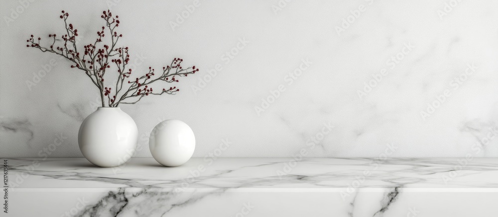 Poster minimalist white vases with dried branches on a marble countertop with copy space for text or design