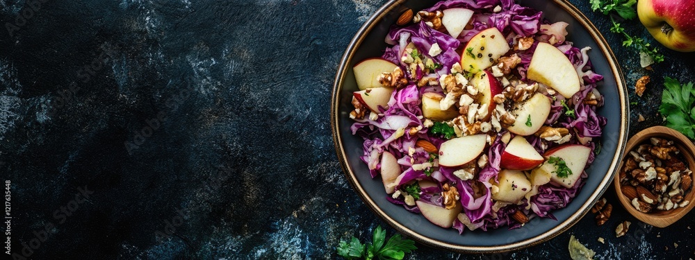 Poster colorful salad with red cabbage, apples, and nuts in a bowl on a dark surface with copy space for te
