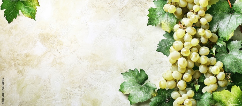 Aufkleber fresh green grapes with leaves on a textured light background with copy space for text placement