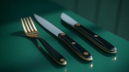 Elegant gold and black cutlery set on teal surface