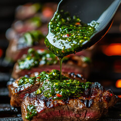 close-up of chimichurri sauce being drizzled over a perfectly grilled piece of beef, with the sauce’s vibrant green color contrasting against the deep red of the meat