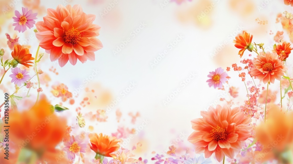 Poster floral background with assorted blooming flowers in soft pastel colors and light bokeh effects with 