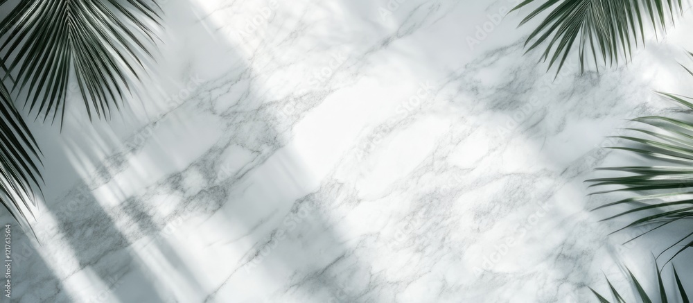 Poster marble texture background with shadows and tropical leaves creating natural contrast and ample copy 