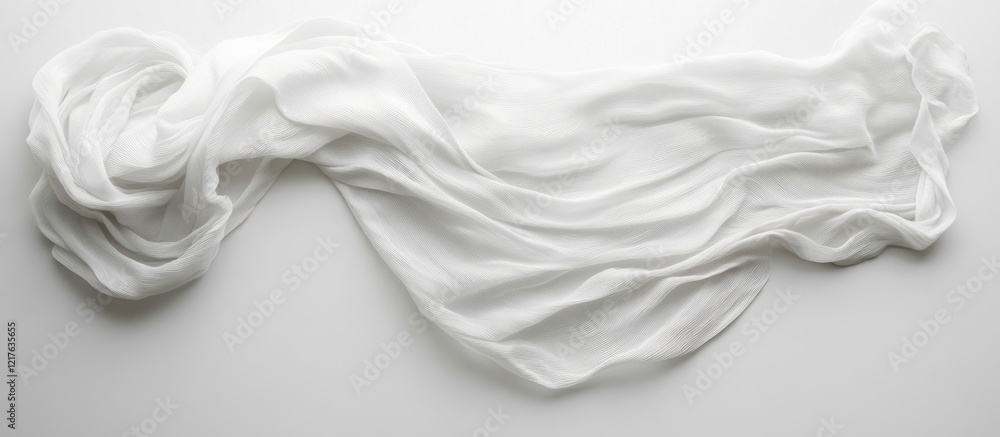 Poster white flowing fabric draped elegantly on a white background with ample copy space for text insertion