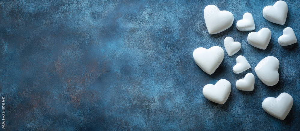 Poster white heart shapes on a textured blue background with ample copy space for text or design elements