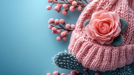 Knitted pink beanie with artificial rose and decorative branches on blue background Copy Space