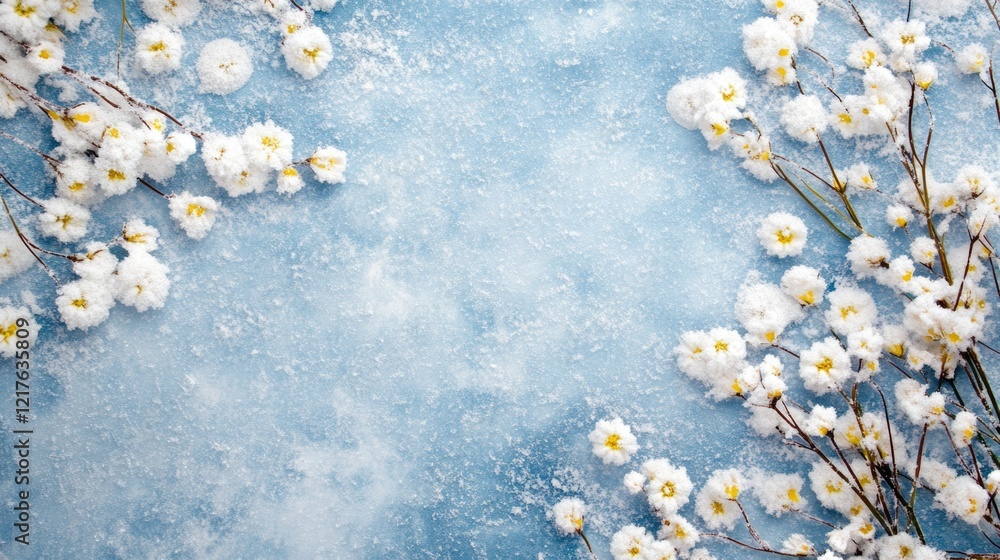 Poster white cherry blossoms on a blue background with textured surface and copy space for text placement.
