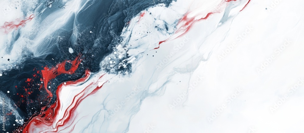 Poster abstract fluid art background with white, blue, and red swirls and textures suitable for various des
