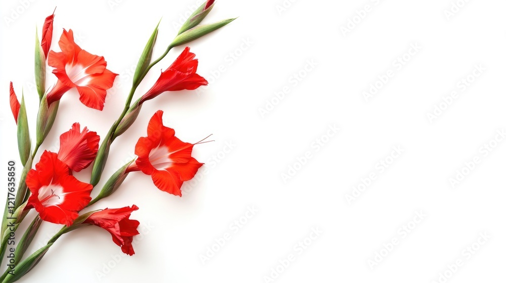 Aufkleber red gladiolus flowers arranged on a white background with ample copy space for text insertion
