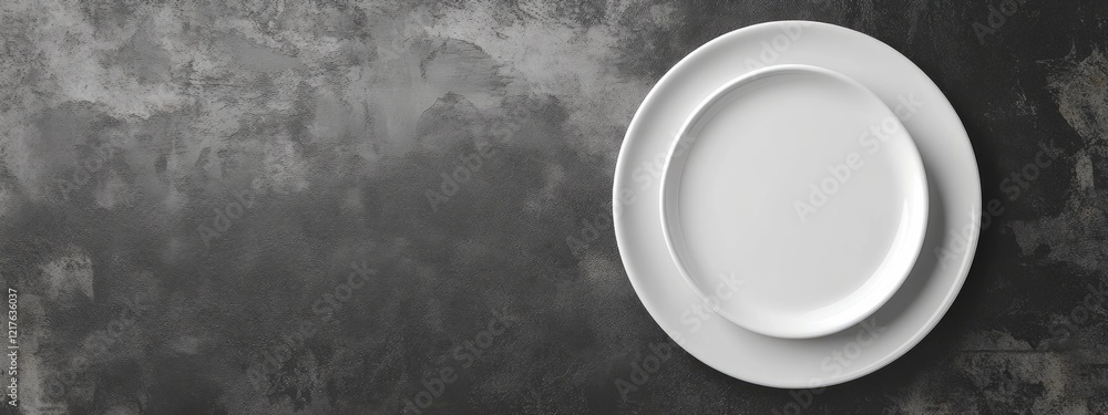 Poster white empty plates on a textured dark background with ample copy space for design elements or text