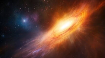 Colorful galaxy formation with swirling gas and stars against a dark cosmic background, featuring orange and yellow tones and Copy Space.