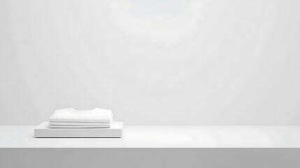 A minimalistic arrangement of a folded white T-shirt on a bright white surface, emphasizing its simple and tidy appearance