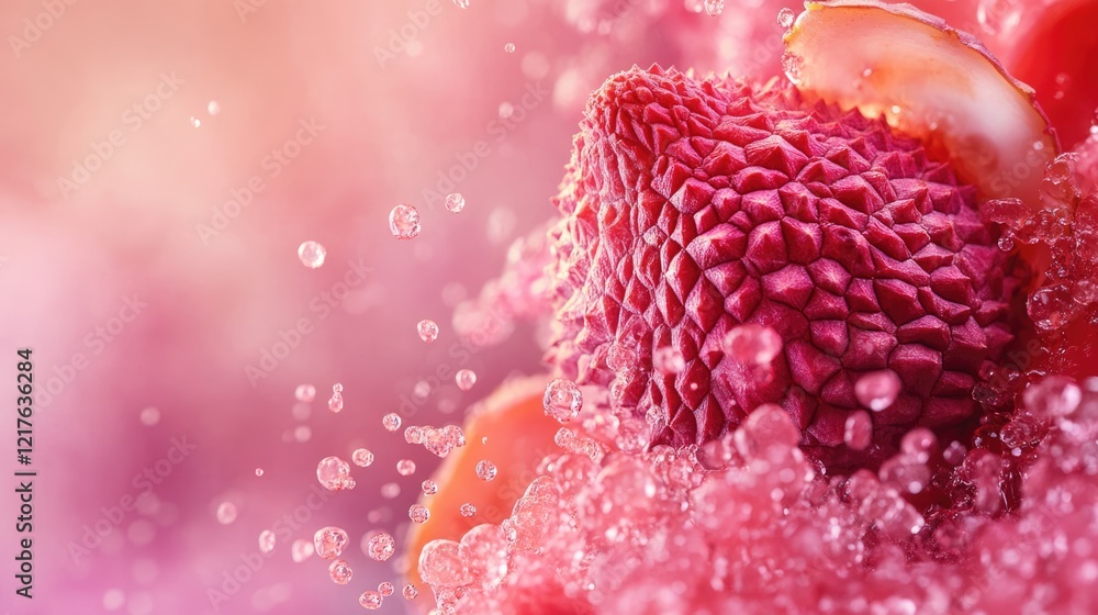Aufkleber fresh lychee fruit with water droplets against a soft pink background featuring bokeh and copy space