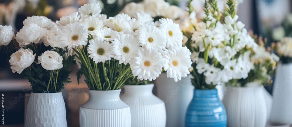 Poster white flowers in various vases arranged on a table with soft focus backgrounds and ample copy space 