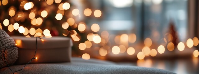 Cozy living room with Christmas tree and blurred lights in background featuring a wrapped gift on soft furniture Copy Space