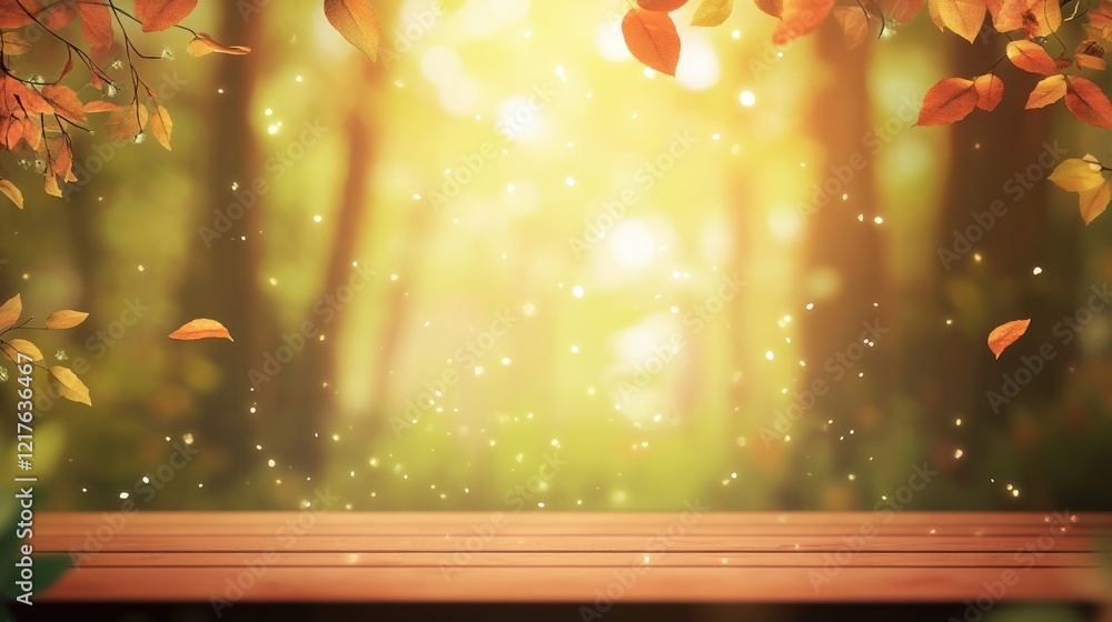Poster autumn forest background with wooden table and golden leaves, soft bokeh light with copy space for p