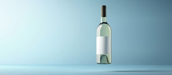 Fototapeta premium Glass wine bottle with blank white label on light blue background minimalism with copy space for text and branding.