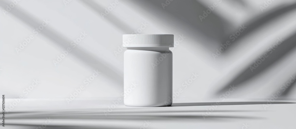 Poster white plastic bottle with a screw cap on a minimalistic background with shadows copy space