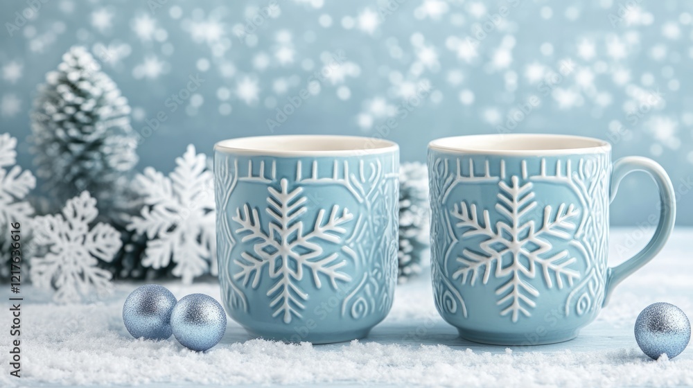 Poster blue ceramic mugs with snowflake patterns on a winter-themed background with snow and pine trees cop